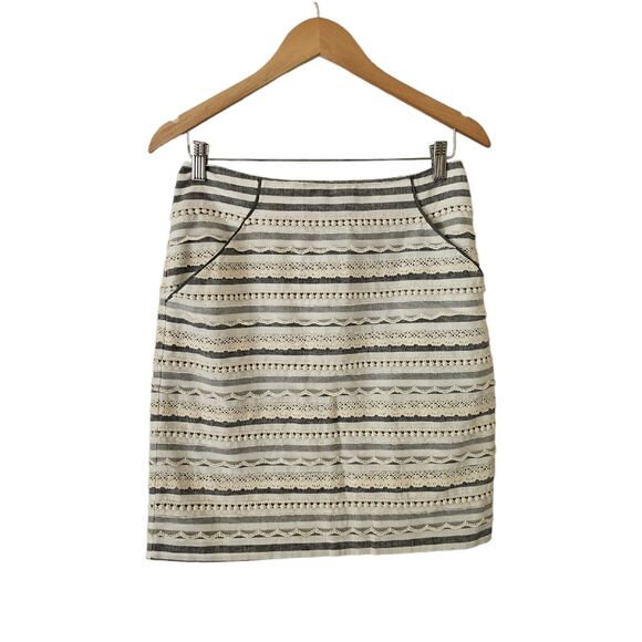 TABITHA Anthropologie Skirt Linen Pencil Ivory Blue Lace Stripe 2 - Picture 2 of 5